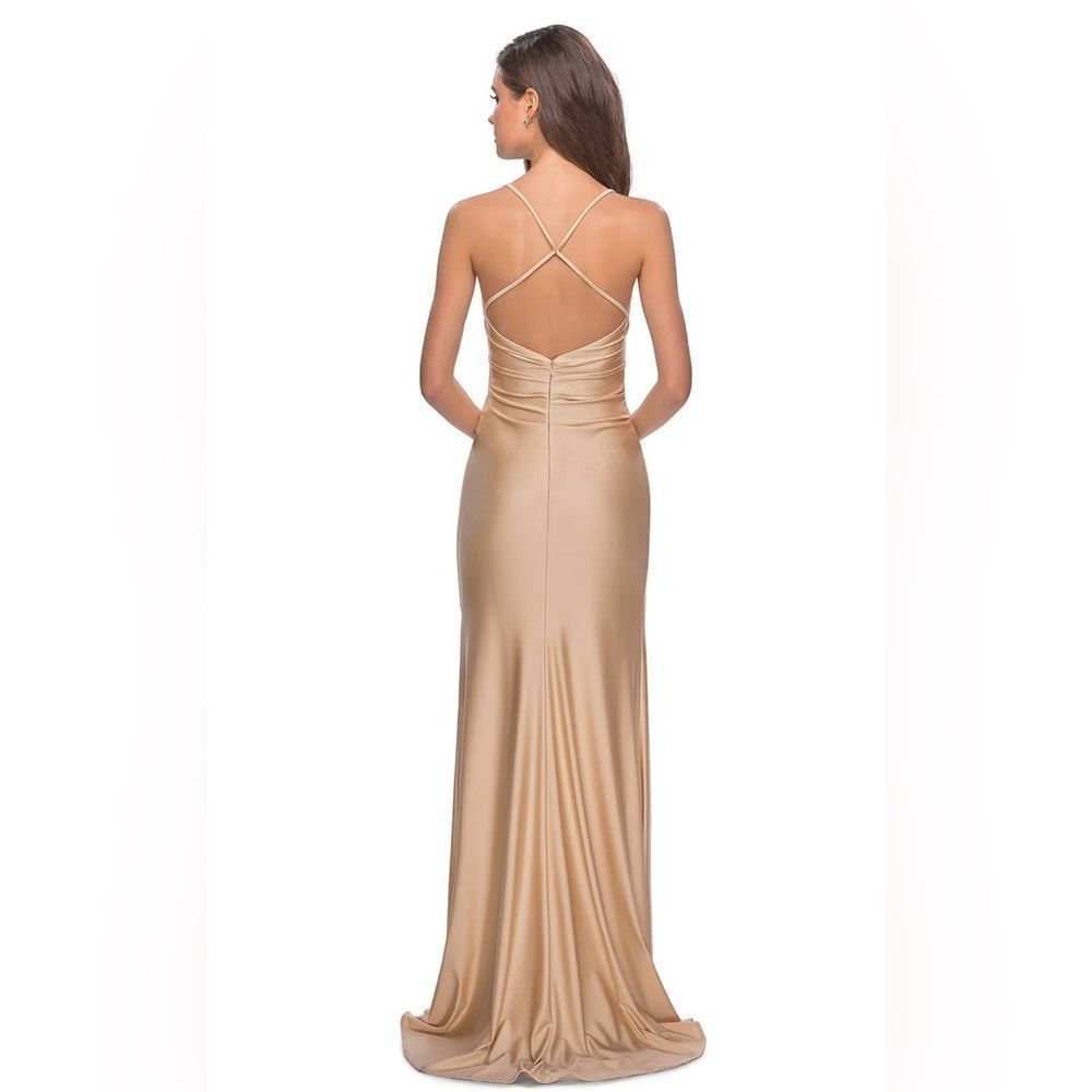 La Femme Long Criss Cross Back Dress Gown 28206 in Nude Size 2 - Picture 2 of 7